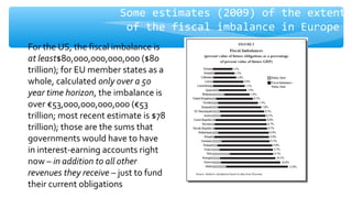 Some estimates (2009) of the extent
of the fiscal imbalance in Europe
For the US, the fiscal imbalance is
at least$80,000,000,000,000 ($80
trillion); for EU member states as a
whole, calculated only over a 50
year time horizon, the imbalance is
over €53,000,000,000,000 (€53
trillion; most recent estimate is $78
trillion); those are the sums that
governments would have to have
in interest-earning accounts right
now – in addition to all other
revenues they receive – just to fund
their current obligations
 