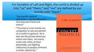 For Socialists of Left and Right, the world is divided up
into “us” and “them,” and “we” are defined by our
enmity with “them”
∗ “the specific political
distinction…can be reduced to
that between friend and
enemy”
∗ “The enemy is not merely any
competitor or just any partner
of a conflict in general. He is
also not the private adversary
whom one hates. An enemy
exists only when, at least
potentially, one fighting
collectivity of people confronts
a similar collectivity.”
 