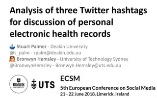 Stuart Palmer - Deakin University
@s_palm - spalm@deakin.edu.au
Bronwyn Hemsley - University of Technology Sydney
@BronwynHemsley - Bronwyn.Hemsley@uts.edu.au
Analysis of three Twitter hashtags
for discussion of personal
electronic health records
1
 