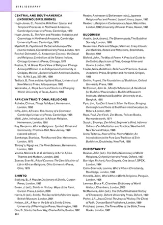 B I B L I O G R A P H Y


CENTRAL AND SOUTH AMERICA                                    Reader, Andreasen & Stefansson (eds.), Japanese
  (INDIGENOUS RELIGIONS)                                       Religions Past and Present, Japan Library, Japan, 1993
Hugh-Jones, C., From the Milk River: Spatial and             Reader, I., Religion in Contemporary Japan, Macmillan,
  Temporal Processes in Northwest Amazonia,                    London, 1990/University of Hawaii Press, Hawaii, 1991
  Cambridge University Press, Cambridge, 1979
Hugh-Jones, S., The Palm and Pleiades: Initiation and        BUDDHISM
  Cosmology in Northwest Amazonia, Cambridge                 Austin, Jack, (trans), The Dhammapada,The Buddhist
  University Press, Cambridge, 1979                            Society, London, 1988
Myerhoff, B., Peyote Hunt: the Sacred Journey of the         Besserman, Perle and Steger, Manfred, Crazy Clouds;
  Huichol Indians, Cornell University Press, London, 1974      Zen Radicals, Rebels and Reformers, Shambhala,
Reichel-Dolmatoff, G, Amazonian Cosmos: the Sexual             Boston, 1991
  and Religious Symbolism of the Tukano Indians,             Blofeld, John, The Way of Power, A Practical Guide to
  Chicago University Press, Chicago, 1971                      the Tantric Mysticism of Tibet, George Allen and
Rostas, S, ‘A Grass Roots View of Religious Change             Unwin, London, 1970
  Amongst Women in an Indigenous Community in                Fowler, Merv, Buddhism, Beliefs and Practices, Sussex
  Chiapas, Mexico’, Bulletin of Latin American Studies,        Academic Press, Brighton and Portland, Oregon,
  Vol. 18, No 3, pp. 327–341, 1999                             1999
Tedlock, B, Time and the Highland Maya, University of        Gethin, Rupert, The Foundations of Buddhism, Oxford
  New Mexico Press, Albuquerque, 1982                          University Press, 1998
Watanabe, J., Maya Saints and Souls in a Changing            McConnell, John A., Mindful Mediation, A Handbook
  World, University ofTexas, Austin, 1992                      for Buddhist Peacemakers, Buddhist Research
                                                               Institute, Mahachula Buddhist University et al.,
AFRICAN TRADITIONAL RELIGIONS                                  Bangkok, 1995
Achebe, Chinua, Things Fall Apart, Heinemann,                Pym, Jim, You Don’t have to Sit on the Floor; Bringing
    London, 1958                                               the Insights and Tools of Buddhism into Everyday Life,
Iliffe, John, Africans: The History of a Continent,            Riders, London, 2001
    Cambridge University Press, Cambridge, 1995              Reps, Paul, Zen Flesh, Zen Bones, Pelican Books,
Mbiti, John, Introduction to African Religion,                 Harmondsworth, 1971
    Heinemann, London, 1991                                  Suzuki, Shunryu, Zen Mind, Beginner’s Mind, Informal
Ray, Benjamin, African Religions: Symbol, Ritual and           Talks on Zen Meditation and Practice, Weatherhill,
    Community, Prentice-Hall, New Jersey, 1999                 New York andTokyo, 1996
    (second edition)                                         Unno,Taitetsu, River of Fire, River of Water; An
Samkange, Stanlake, The Mourned One, Heinemann,                Introduction to the Pure Land Tradition of Shin
    London, 1975                                               Buddhism, Doubleday, New York, 1998
Thiong’o, Ngugi wa, The River Between, Heinemann,
    London, 1965                                             CHRISTIANITY
Visona, Monica B. et al, A History of Art in Africa,         Bowker, John (ed.), The Oxford Dictionary of World
    Thames and Hudson, London, 2000                            Religions, Oxford University Press, Oxford, 1997
Zuesse, Evan M., Ritual Cosmos: The Sanctification of        Burridge, Richard, Four Gospels, One Jesus?, SPCK,
    Life in African Religions, Ohio University Press,          London, 1994
    Ohio, 1979                                               Cohn-Sherlock, Lavinia, Who’s Who in Christianity,
                                                               Routledge, London, 1998
SHINTO                                                       Hinnells, John, Who’s Who in World Religions, Penguin,
Bocking, B., A Popular Dictionary of Shinto, Curzon            London, 1996
  Press, London, 1997                                        Lenman, Bruce P., Chambers Dictionary of World
Breen, J. (ed.), Shinto in History: Ways of the Kami,          History, Chambers, London, 2000
  Curzon Press, London, 2000                                 McManners, John (ed.), The Oxford Illustrated History
Harris, V (ed.), Shinto: The Sacred Art of Ancient Japan,
         .                                                     of Christianity, Oxford University Press, Oxford, 1990
  British Museum, London, 2001                               Porter, J.R., Jesus Christ. The Jesus of History, The Christ
Nelson, J.K., A Year in the Life of a Shinto Shrine,           of Faith, Duncan Baird Publishers, London, 1999
  University of Washington Press, Washington, 1996           Pritchard, James, The Times Atlas of the Bible,Times
Ono, S., Shinto, the Kami Way, CharlesTuttle, Boston, 1962     Books, London, 1987
244
 