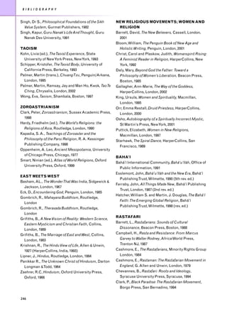 B I B L I O G R A P H Y


Singh, Dr S., Philosophical Foundations of the Sikh       NEW RELIGIOUS MOVEMENTS; WOMEN AND
  Value System, Gurmat Publishers, 1982                     RELIGION
Singh, Kapur, Guru Nanak’s Life And Thought, Guru         Barrett, David, The New Believers, Cassell, London,
  Nanak Dev University, 1991                                2001
                                                          Bloom, William, The Penguin Book of New Age and
TAOISM                                                      Holistic Writing, Penguin, London, 2001
Kohn, Livia (ed.), The Taoist Experience, State           Christ, Carol and Plaskow, Judith, Womanspirit Rising:
  University of New York Press, New York, 1993              A Feminist Reader in Religion, HarperCollins, New
Schipper, Kristofer, The Taoist Body, University of         York, 1992
  California Press, Berkeley, 1993                        Daly, Mary, Beyond God the Father: Toward a
Palmer, Martin (trans.), Chuang Tzu, Penguin/Arkana,        Philosophy of Women’s Liberation, Beacon Press,
  London, 1995                                              Boston, 1985
Palmer, Martin, Ramsay, Jay and Man Ho, Kwok, Tao Te      Gallagher, Ann-Marie, The Way of the Goddess,
  Ching, Chrysalis, London, 2002                            HarperCollins, London, 2002
Wong, Eva, Taoism, Shambala, Boston, 1997                 King, Ursula, Women and Spirituality, Macmillan,
                                                            London, 1995
ZOROASTRIANISM                                            Orr, Emma Restall, Druid Priestess, HarperCollins,
Clark, Peter, Zoroastrianism, Sussex Academic Press,        London, 2000
  1998                                                    Osho, Autobiography of a Spiritually Incorrect Mystic,
Hardy, Friedhelm (ed.), The World’s Religions: the          St Martin’s Press, New York, 2001
  Religions of Asia, Routledge, London, 1990              Puttick, Elizabeth, Women in New Religions,
Kapadia, S. A., Teachings of Zoroaster and the              Macmillan, London, 1997
  Philosophy of the Parsi Religion, R. A. Kessinger       Starhawk, The Spiral Dance, HarperCollins, San
  Publishing Company, 1998
                                                            Francisco, 1989
Oppenheim, A. Leo, Ancient Mesopotamia, University
  of Chicago Press, Chicago, 1977
                                                          BAHA’I
Smart, Ninian (ed.), Atlas of World Religions, Oxford
                                                          Bahá’í International Community, Bahá’u’lláh, Office of
  University Press, Oxford, 1999
                                                            Public Information, 1991
                                                          Esslemont, John, Bahá’u’lláh and the New Era, Bahá’í
EAST MEETS WEST
                                                            PublishingTrust, Wilmette, 1990 (5th rev. ed.)
Basham, AL., The Wonder That Was India, Sidgewick &
                                                          Ferraby, John, All Things Made New, Bahá’í Publishing
  Jackson, London, 1967
                                                            Trust, London, 1987 (2nd rev. ed.)
Eck, D., Encountering God, Penguin, London, 1985
                                                          Hatcher, William S. and Martin, J. Douglas, The Bahá’í
Gombrich, R., Mahayana Buddhism, Routledge,
                                                            Faith: The Emerging Global Religion, Bahá’í
  London
                                                            PublishingTrust, Wilmette, 1998 (rev. ed.)
Gombrich, R., Theravada Buddhism, Routledge,
  London
                                                          RASTAFARI
Grifiths, B., A New Vision of Reality: Western Science,
                                                          Barrett, L., Rastafarians: Sounds of Cultural
  Eastern Mysticism and Christian Faith, Collins,
  London, 1989                                              Dissonance, Beacon Press, Boston, 1988
Grifiths, B., The Marriage of East and West, Collins,     Campbell, H., Rasta and Resistance: From Marcus
  London, 1983                                              Garvey to Walter Rodney, Africa World Press,
Krishnan, R., The Hindu View of Life, Allen & Unwin,        Trenton NJ, 1987
  1927 (HarperCollins, India, 1993)                       Cashmore, E., The Rastafarians, Minority Rights Group
Lipner, J., Hindus, Routledge, London, 1994                 London, 1984
Panikkar R., The Unknown Christ of Hinduism, Darton       Cashmore, E., Rastaman: The Rastafarian Movement in
  Longman &Todd, 1964                                       England, G. Allen and Unwin, London, 1979
Zaehrer, R.C, Hinduism, Oxford University Press,          Chevannes, B., Rastafari: Roots and Ideology,
  Oxford, 1966                                              Syracuse University Press, Syracuse, 1994
                                                          Clark, P., Black Paradise: The Rastafarian Movement,
                                                            Borgo Press, San Bernadino, 1994


246
 