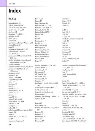 I N D E X




Index
NAMES                                  Baal 24, 24                        Dis Pater 47
                                       Baalat 24                          Dogen 108–9
Abbas Effendi 211                      Baal-Hammon 43                     Dogoda 50
Abd-al Muttalib 158                    Bab, the 211, 211, 211             Donar 49
Abu Talib 159, 161, 163                Bahadur, Guru Tegh 194
Abdu’l-baha 211, 211                   Baha’u’llah 210–11                 Ea 20, 23
Abo’eitu 62                            Bahubali, Lord 170–1               Eisai 108–9
Abraham 174, 210–11                    Bankei 108                         Ekai 109
Achilles 34, 35                        Bel 21                             El 24–5, 25
Adad 20, 22                            Beli 47                            Elizabeth I, Queen of England
Adam 225                               Belutacadros 47                       128–30
Agamemnon, King of Argos 34, 35        Bes 30, 30                         Enlil 18
Ahura Mazda 204                        Bhai Gurdas 195                    Enlin 19
Ajax 35                                Bhaisajya 106                      Epictetus 40
Akhenaton, Pharoah 27, 27              Bimbisara, King 102                Epicurus 41
Alexander the Great 27                 Bloom, William 209                 Erechteus 37
Al-Ghazali 167                         Bodhidarma 108–9                   Erisvorsh 50
Ali (cousin of Muhammad) 159,          Booth, William 132                 Esu 89
  161, 162                             Brahma 148                         Evans, Sir Arthur 32, 32
Ali ibn Abu Talib (son-in-law of       Brigid 47                          Exchel 53
  Muhammad) 159, 163
Alonso, Saint 85
                                       Calvin, Jean 130–1, 131, 132       Fatimah (daughter of Muhammad)
Amaterasu Omikami 94, 95, 96, 98
                                       Camus, Albert 217                    157, 163, 224
Amenhotep IV, Pharoah see
                                       Caro, Joseph 177                   Fox, George 133
  Akhenaton
                                       Cernunnos 47                       Freia 49
Amitabha 106–7
                                       Ch’ulme’tik 84–5                   Freud, Sigmund 216
Amun 27, 30
                                       Ch’ultatik 84–5                    Frey 49
Angad, Guru 189
                                       Coatlicue 54, 55
Angra Mainyu 204
                                       Cocidius 47                        Gabija 51
Anna 47
                                       Confucius 138–41, 138–43, 143,     Gaia (‘Mother Earth’) 34, 223–5
Antinous 39
Anu 21                                   200                              Gandhi, Mahatma 137, 207, 207,
Anubis 27, 29                          Constantine, Emperor 115, 123        220, 221
Aphrodite 27, 35, 38                   Cook, Captain 63                   Ganesha 151, 151, 153
Apollo 35, 37                          Copernicus, Nicolaus 222           Garvey, Marcus 212, 212
Apsu 23                                Corotiacus 47                      Gautama Buddha 100, 100–1, 101,
Ares 35, 38                            Cranmer, Archbishop Thomas 128       107–9, 108–10, 110, 111, 140,
Aristotle 40, 40, 41                   Cybele 39, 39                        210–11
Arjun, Guru 189, 194                                                      Gerovit 51
Artemis 35, 38                         Dagon 25                           Ggulu 89
Asclepius 37                           Daly, Mary 224                     Gilgamesh 18, 19, 23
Ashur 22–3                             Darwin, Charles 216, 219, 222–3,   Gobind Singh, Guru 189, 191
Ashurbanipal, King of Assyria 23, 23     223                              Gobniu 47
Astarte 24                             Dazbog 50                          Gordon, AD 185
Aten 27                                Demeter 37                         Griffiths, Bede 207
Athene 35, 37, 37, 38, 39              Democritus 41                      Guru Angad 189
Au 19                                  Diana 38                           Guru Granth Sahib 188–90, 195
Augustus, Emperor 39                   Dionysus 37                        Guru Nanak 149, 188–91, 189, 194

248
 