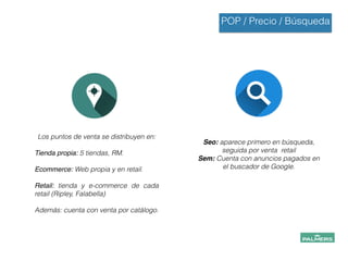 POP / Precio / Búsqueda
Los puntos de venta se distribuyen en:
!
Tienda propia: 5 tiendas, RM.!
!
Ecommerce: Web propia y en retail.
!
Retail: tienda y e-commerce de cada
retail (Ripley, Falabella)
!
Además: cuenta con venta por catálogo.!
Seo: aparece primero en búsqueda,
seguida por venta retail
Sem: Cuenta con anuncios pagados en
el buscador de Google.
 