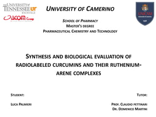 UNIVERSITY OF CAMERINO
SCHOOL OF PHARMACY
MASTER’S DEGREE
PHARMACEUTICAL CHEMISTRY AND TECHNOLOGY

SYNTHESIS AND BIOLOGICAL EVALUATION OF
RADIOLABELED CURCUMINS AND THEIR RUTHENIUMARENE COMPLEXES

STUDENT:
LUCA PALMIERI

TUTOR:
PROF. CLAUDIO PETTINARI
DR. DOMENICO MARTINI

 