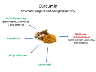 Curcumin
Molecular targets and biological activity
Anti-inflammatory
(pancreatitis, arthritis, IB
D and gastritis)

Well-known
contraindications
(GERD, stomach upset, slow
blood clotting)

Antioxidant

Antiproliferative
Tumoricidal

 