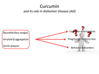 Curcumin
and its role in Alzheimer Disease (AD)

Neurofibrillary tangles

Cognitive deterioration

Amyloid-β aggregation

Progressive memory loss

Senile plaques

Behavioral disorders

 