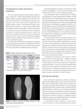 Procedimentos de coleta e descrição do
questionário
Para a descrição das queixas osteomusculares, utilizou-se
como instrumento o Nordic Musculoskeletal Questionnaire
(NMQ) validado na língua portuguesa18
. Esse modelo é utili-
zado internacionalmente e foi desenvolvido para padronizar
pesquisas sobre o tema, sendo de fácil compreensão, com
questões simples e diretas19
. O questionário foi usado no mo-
delo do estudo de Pastre et al.2
, que inseriram questões sobre
severidade da queixa para cada região anatômica, variando de
um a quatro, em que o um representou ausência de sintoma;
o índice dois foi atribuído para sintoma leve; o índice três,
para sintoma moderado e, finalmente, o quatro, para sintoma
acentuado. Ainda, os mesmos autores incluíram no diagrama
corporal as regiões anatômicas braço e panturrilha, não desta-
cadas no questionário original.
Para a obtenção das informações, o questionário foi aplicado
pela própria pesquisadora durante a jornada laboral. Adotou-se
esse procedimento para evitar vieses, conforme sugerem Pastre
et al.2
, para participantes com diferentes graus de instrução.
Uma balança digital foi usada para a mensuração da massa
corporal em quilogramas, e uma fita métrica foi fixada na pa-
rede com precisão de 0,1 cm para a medição da estatura.
Para a obtenção dos valores de pressão plantar, foi utilizada
uma plataforma de força (baropodometria eletrônica, modelo
FootWork eletrônico, IST Informatique, França), conectado a um
microcomputador Pentium III. Consiste em uma base rígida com
dimensões de 645x520x25 mm, com 2.704 sensores de pressão de
7,62x7,62 mm que, individualmente, registram até 100 N/cm2
de
pressão, dispostos em uma área de 40x40 cm de superfície ativa, a
qual permite uma análise baropodométrica da descarga de pres-
são, em quilograma-força/cm2
(kgf/cm2
) e tempo de contato do
pé com o solo (superfície plantar – cm2
) na posição ereta estática.
Esse equipamento é composto de um conversor A/D de 16 bits e
frequência de amostragem de 150 Hz.
As voluntárias permaneciam em posição ortostática com
olhar horizontal, braços ao longo do corpo, base livre de sus-
tentação dentro do espaço delimitado da plataforma e, usando
sua massa corporal, procedeu-se à calibração automática do
equipamento. A calibração é importante para estabelecer a va-
lidade das medidas de pressão. As participantes permaneciam
sobre a plataforma por sessenta segundos em apoio bipodal e
pés descalços. Todas as avaliações foram realizadas durante o
período de intervalo das atividades das participantes da pes-
quisa, anterior à pausa para o almoço.
O experimento foi dividido em três momentos, sendo o
primeiro anterior à intervenção (M1), o segundo com quatro
semanas de uso das palmilhas (M2) e o terceiro com oito
semanas (M3). Em cada momento, repetiu-se a aplicação do
questionário NMQ e o exame dos pés pela baropodometria
eletrônica da forma descrita anteriormente, usando a massa
corporal para nova calibração do equipamento, que foi men-
surada em todos os momentos das avaliações. Não houve mu-
dança de massa corporal durante as fases do ensaio.
Descrição das palmilhas
Para a realização do experimento, utilizaram-se dois tipos
diferentes de palmilhas (Figura 1). A primeira consistia em pal-
milha simples, pré-fabricada, similar à usada em calçados, de-
nominada, para efeito de estudo, placebo. A outra era composta
de etilvinilacetato (EVA), modelo conforto, comercializada pela
Podaly®
Palmilhas do Brasil, que foi customizada individual-
mente, termocolada e termomoldada em uma prensa aquecida,
(Termoprensa Ortopédica) em torno de 100 graus centígrados.
Posteriormente, inseria-se a órtese em um moldador no qual a
trabalhadora pisava por 60 segundos, dando forma à palmilha;
orientações seguidas de acordo com o fabricante.
As participantes foram orientadas a usá-las diaria-
mente como parte da vestimenta laboral por oito semanas.
Variável
Medida
descritiva
Grupos
Controle
(n=13)
Intervenção
(n=14)
Valor-p
* Idade Mediana 30 32
p>0,05
Média±DP 30,69±7,34 29,93±7,10
**Peso (kg) Mediana 65,00 63,00
p>0,05Média±DP 66,54±16,77 63,29±10,37
**Estatura (cm) Mediana 165,00 164,00
p>0,05Média±DP 164,77±6,26 163,28±3,29
* teste de Mann Whitney; **
teste t de Student; DP=desvio-padrão.
Tabela 1. Medidas descritivas das variáveis segundo grupo.
Figura 1. Palmilha à esquerda: pré-fabricada; palmilha à direita:
customizada de etilvinilacetato (EVA).
Josiane S. Almeida, Guaracy Carvalho Filho, Carlos M. Pastre, Carlos R. Padovani, Rodrigo A. D. M. Martins
544
Rev Bras Fisioter. 2009;13(6):542-8.
 