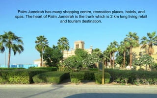 Palm Jumeirah has many shopping centre, recreation places, hotels, and
spas. The heart of Palm Jumeirah is the trunk which is 2 km long living retail
and tourism destination.
 