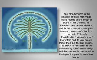 The Palm Jumeirah is the
smallest of three man made
island resorts off the coast of
Dubai in the United Arab
Emirates. The unique island is
built in the shape of a date palm
tree and consists of a trunk, a
crown with 17 fronds.
The island is 5 kilometers by 5
kilometers and its total area is
larger than 800 football pitches.
The crown is connected to the
mainland by a 300-meter bridge
and the crescent is connected to
the top of the palm by a subsea
tunnel.
Image from the net
 