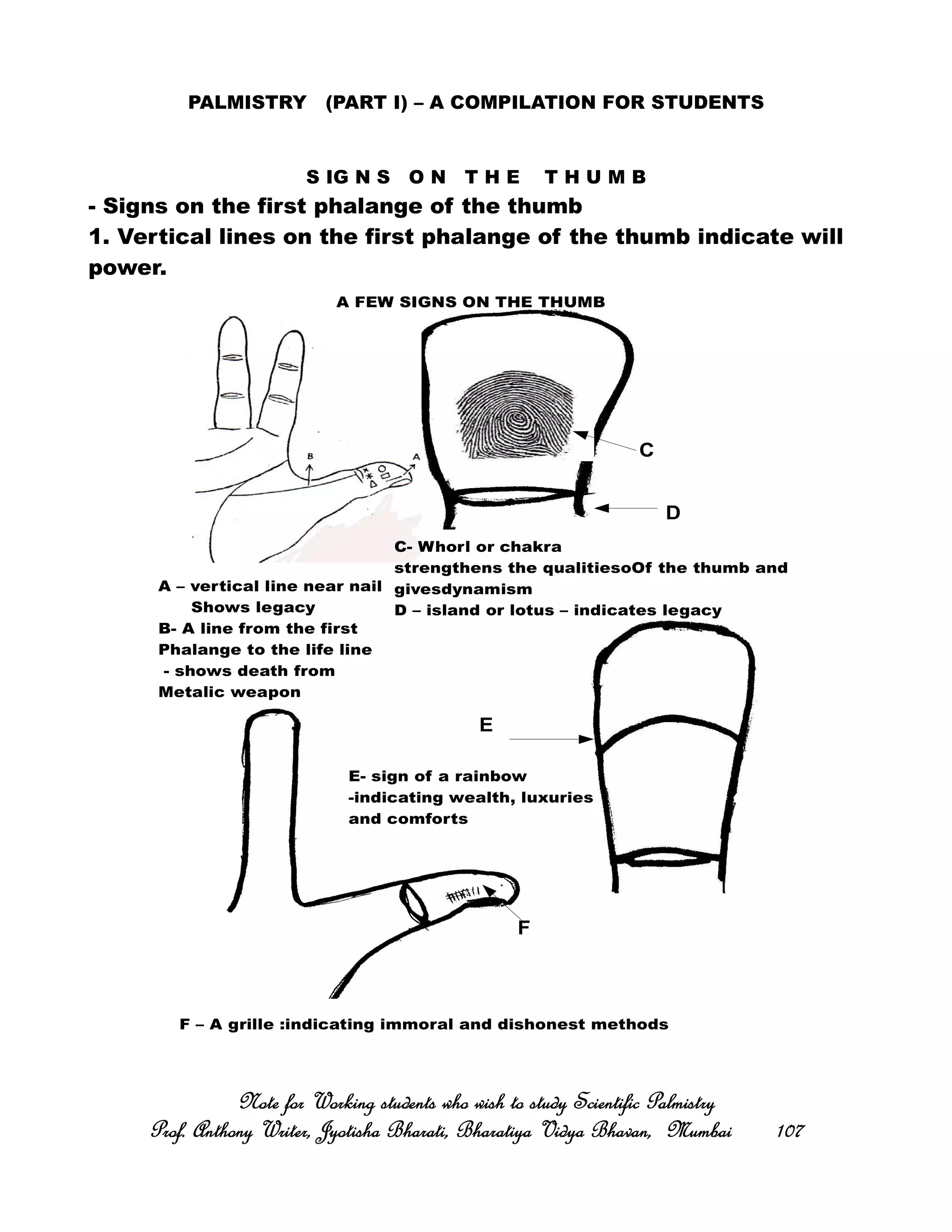 PALMISTRY (PART I) – A COMPILATION FOR STUDENTS
S IG N S O N T H E T H U M B
- Signs on the first phalange of the thumb
1. Vertical lines on the first phalange of the thumb indicate will
power.
Note for Working students who wish to study Scientific PalmistryNote for Working students who wish to study Scientific PalmistryNote for Working students who wish to study Scientific PalmistryNote for Working students who wish to study Scientific Palmistry
Prof. Anthony Writer, Jyotisha Bharati, Bharatiya Vidya Bhavan, MumbaiProf. Anthony Writer, Jyotisha Bharati, Bharatiya Vidya Bhavan, MumbaiProf. Anthony Writer, Jyotisha Bharati, Bharatiya Vidya Bhavan, MumbaiProf. Anthony Writer, Jyotisha Bharati, Bharatiya Vidya Bhavan, Mumbai 107107107107
A FEW SIGNS ON THE THUMB
C
D
E
F
A – vertical line near nail
Shows legacy
B- A line from the first
Phalange to the life line
- shows death from
Metalic weapon
C- Whorl or chakra
strengthens the qualitiesoOf the thumb and
givesdynamism
D – island or lotus – indicates legacy
E- sign of a rainbow
-indicating wealth, luxuries
and comforts
F – A grille :indicating immoral and dishonest methods
 