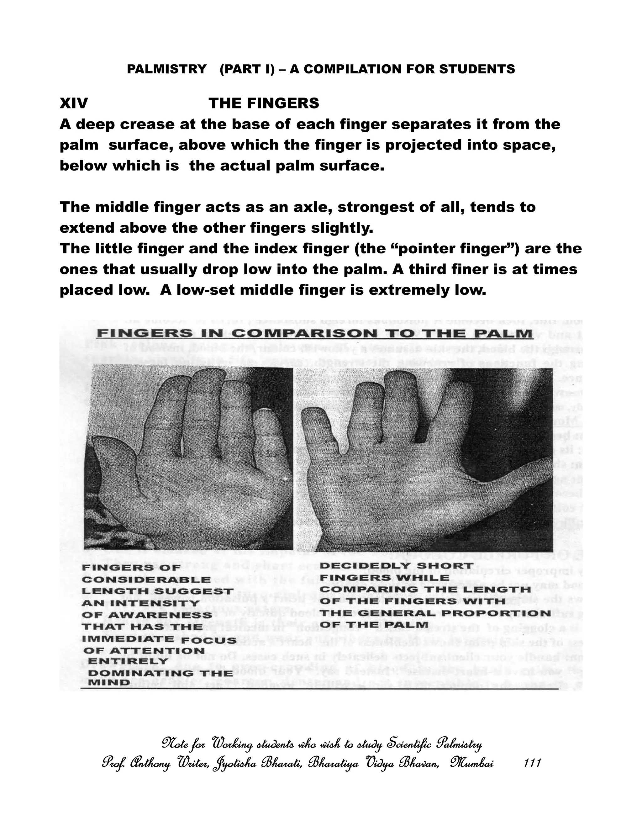 PALMISTRY (PART I) – A COMPILATION FOR STUDENTS
XIV THE FINGERS
A deep crease at the base of each finger separates it from the
palm surface, above which the finger is projected into space,
below which is the actual palm surface.
The middle finger acts as an axle, strongest of all, tends to
extend above the other fingers slightly.
The little finger and the index finger (the “pointer finger”) are the
ones that usually drop low into the palm. A third finer is at times
placed low. A low-set middle finger is extremely low.
Note for Working students who wish to study Scientific PalmistryNote for Working students who wish to study Scientific PalmistryNote for Working students who wish to study Scientific PalmistryNote for Working students who wish to study Scientific Palmistry
Prof. Anthony Writer, Jyotisha Bharati, Bharatiya Vidya Bhavan, MumbaiProf. Anthony Writer, Jyotisha Bharati, Bharatiya Vidya Bhavan, MumbaiProf. Anthony Writer, Jyotisha Bharati, Bharatiya Vidya Bhavan, MumbaiProf. Anthony Writer, Jyotisha Bharati, Bharatiya Vidya Bhavan, Mumbai 111111111111
 
