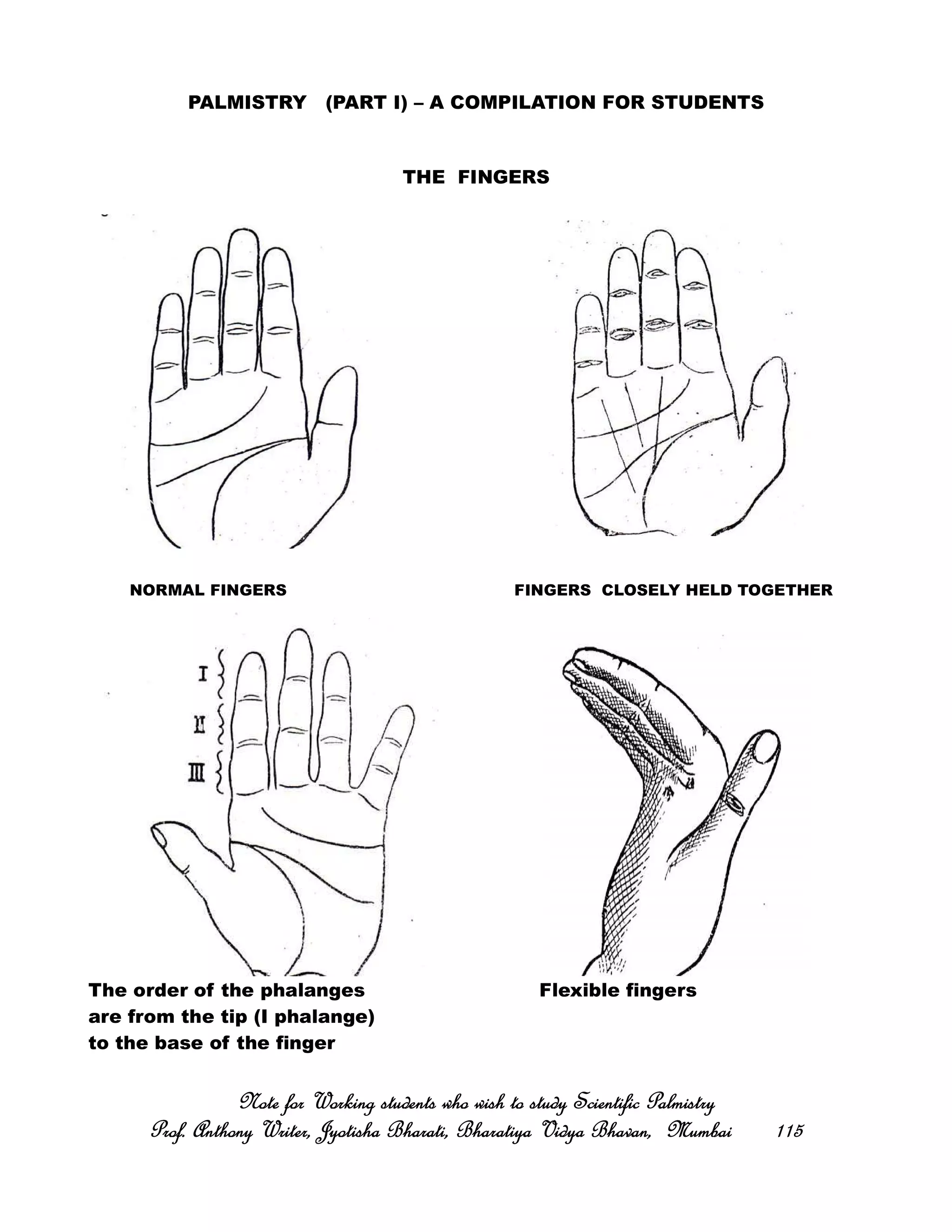 PALMISTRY (PART I) – A COMPILATION FOR STUDENTS
THE FINGERS
NORMAL FINGERS FINGERS CLOSELY HELD TOGETHER
The order of the phalanges Flexible fingers
are from the tip (I phalange)
to the base of the finger
Note for Working students who wish to study Scientific PalmistryNote for Working students who wish to study Scientific PalmistryNote for Working students who wish to study Scientific PalmistryNote for Working students who wish to study Scientific Palmistry
Prof. Anthony Writer, Jyotisha Bharati, Bharatiya Vidya Bhavan, MumbaiProf. Anthony Writer, Jyotisha Bharati, Bharatiya Vidya Bhavan, MumbaiProf. Anthony Writer, Jyotisha Bharati, Bharatiya Vidya Bhavan, MumbaiProf. Anthony Writer, Jyotisha Bharati, Bharatiya Vidya Bhavan, Mumbai 115115115115
 