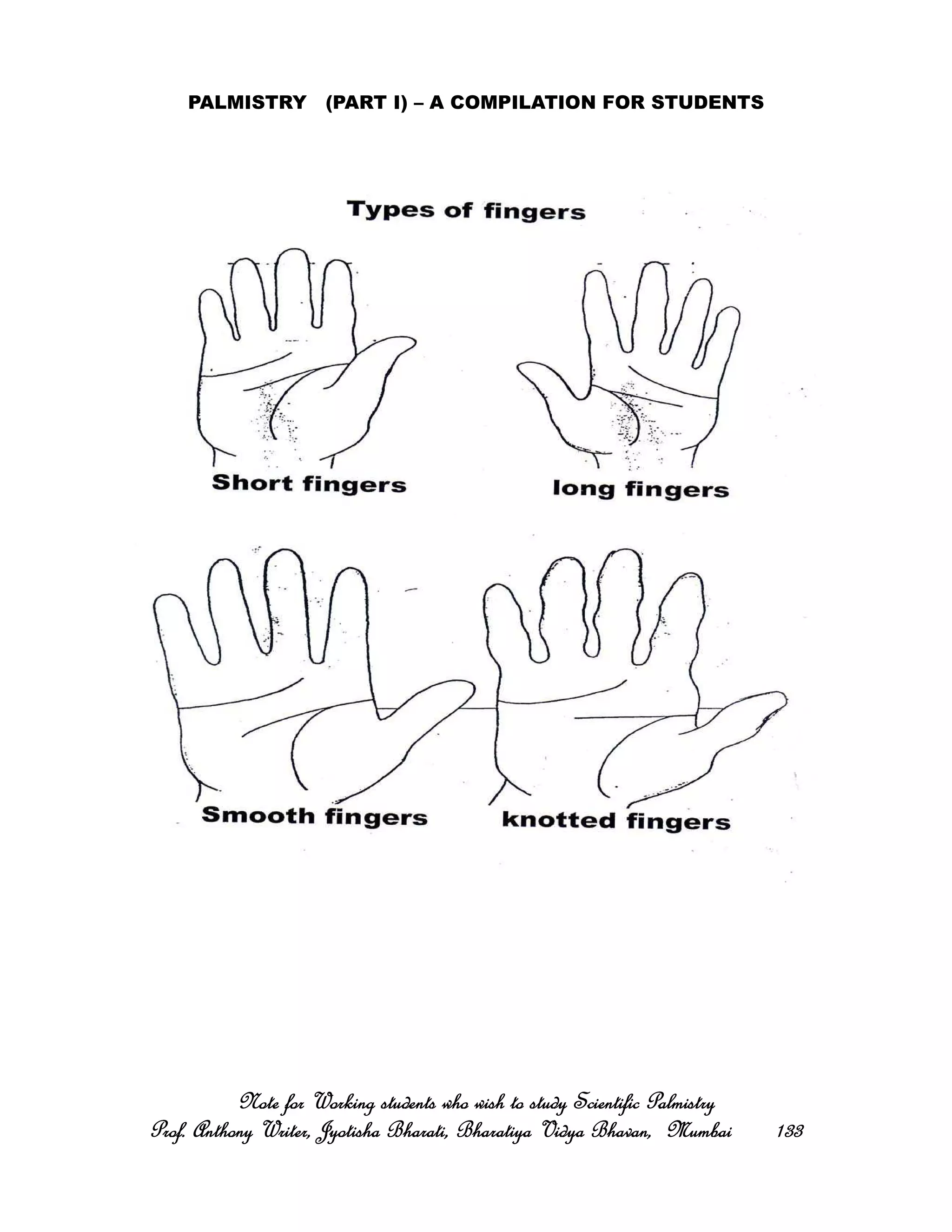 PALMISTRY (PART I) – A COMPILATION FOR STUDENTS
Note for Working students who wish to study Scientific PalmistryNote for Working students who wish to study Scientific PalmistryNote for Working students who wish to study Scientific PalmistryNote for Working students who wish to study Scientific Palmistry
Prof. Anthony Writer, Jyotisha Bharati, Bharatiya Vidya Bhavan, MumbaiProf. Anthony Writer, Jyotisha Bharati, Bharatiya Vidya Bhavan, MumbaiProf. Anthony Writer, Jyotisha Bharati, Bharatiya Vidya Bhavan, MumbaiProf. Anthony Writer, Jyotisha Bharati, Bharatiya Vidya Bhavan, Mumbai 133133133133
 