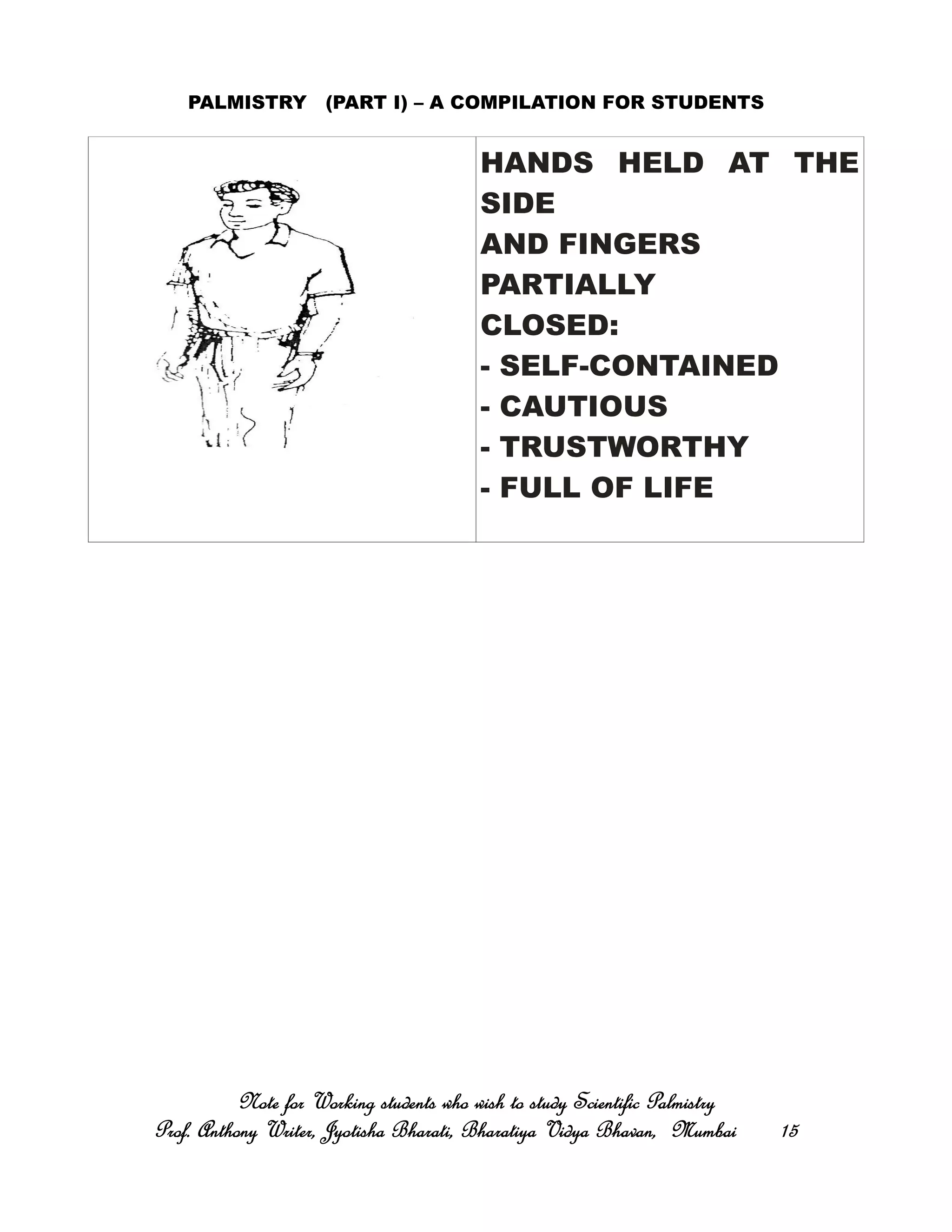 PALMISTRY (PART I) – A COMPILATION FOR STUDENTS
HANDS HELD AT THE
SIDE
AND FINGERS
PARTIALLY
CLOSED:
- SELF-CONTAINED
- CAUTIOUS
- TRUSTWORTHY
- FULL OF LIFE
Note for Working students who wish to study Scientific PalmistryNote for Working students who wish to study Scientific PalmistryNote for Working students who wish to study Scientific PalmistryNote for Working students who wish to study Scientific Palmistry
Prof. Anthony Writer, Jyotisha Bharati, Bharatiya Vidya Bhavan, MumbaiProf. Anthony Writer, Jyotisha Bharati, Bharatiya Vidya Bhavan, MumbaiProf. Anthony Writer, Jyotisha Bharati, Bharatiya Vidya Bhavan, MumbaiProf. Anthony Writer, Jyotisha Bharati, Bharatiya Vidya Bhavan, Mumbai 15151515
 