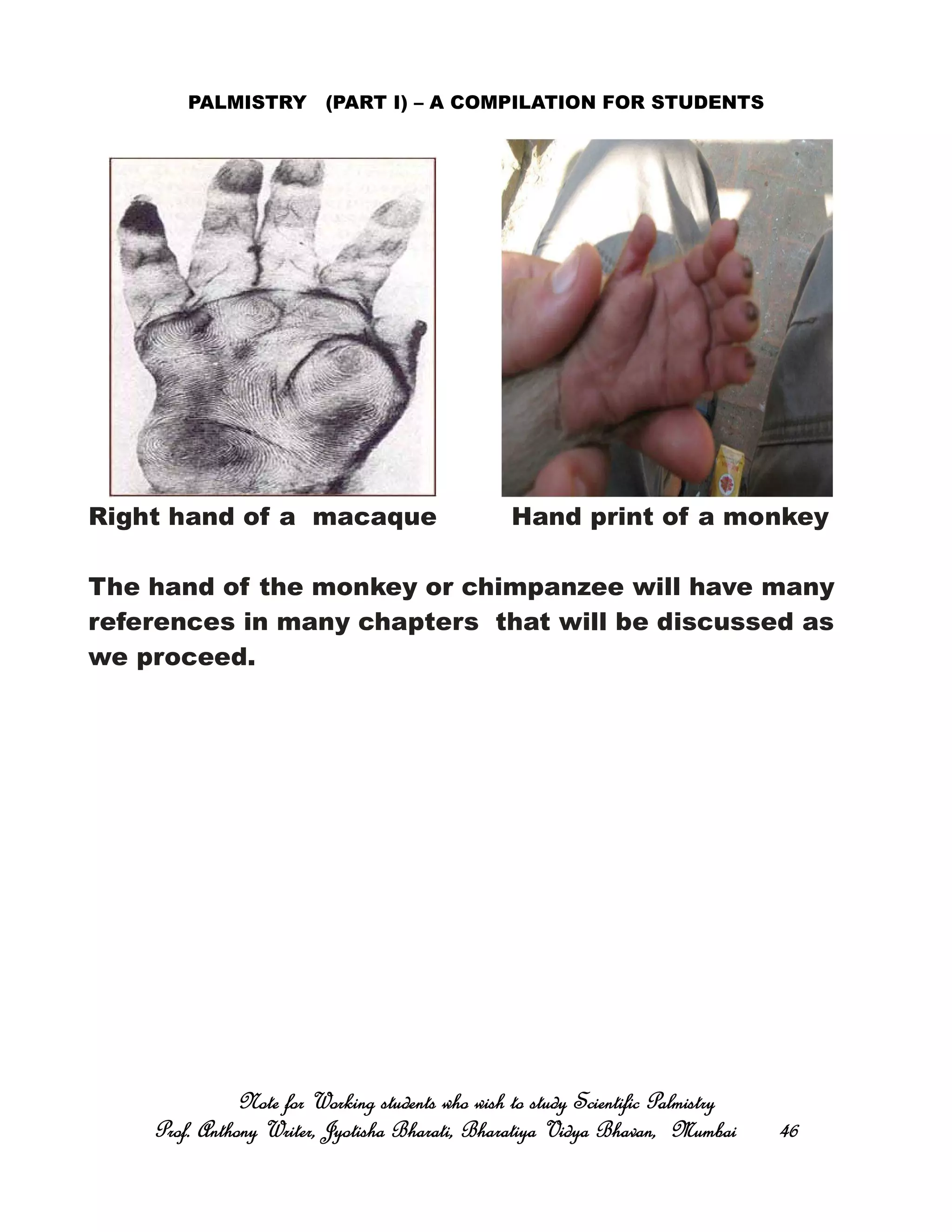 PALMISTRY (PART I) – A COMPILATION FOR STUDENTS
Right hand of a macaque Hand print of a monkey
The hand of the monkey or chimpanzee will have many
references in many chapters that will be discussed as
we proceed.
Note for Working students who wish to study Scientific PalmistryNote for Working students who wish to study Scientific PalmistryNote for Working students who wish to study Scientific PalmistryNote for Working students who wish to study Scientific Palmistry
Prof. Anthony Writer, Jyotisha Bharati, Bharatiya Vidya Bhavan, MumbaiProf. Anthony Writer, Jyotisha Bharati, Bharatiya Vidya Bhavan, MumbaiProf. Anthony Writer, Jyotisha Bharati, Bharatiya Vidya Bhavan, MumbaiProf. Anthony Writer, Jyotisha Bharati, Bharatiya Vidya Bhavan, Mumbai 46464646
 