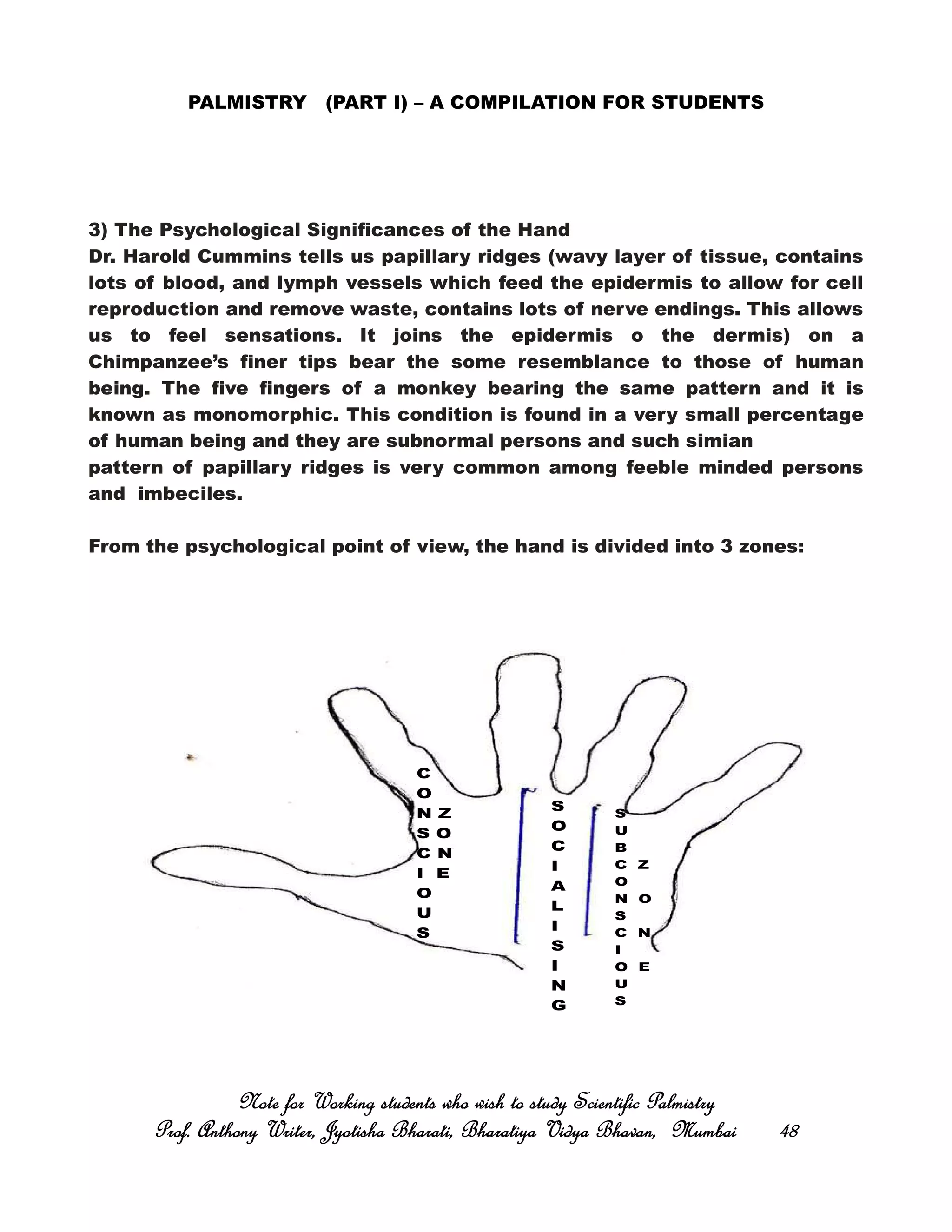 PALMISTRY (PART I) – A COMPILATION FOR STUDENTS
3) The Psychological Significances of the Hand
Dr. Harold Cummins tells us papillary ridges (wavy layer of tissue, contains
lots of blood, and lymph vessels which feed the epidermis to allow for cell
reproduction and remove waste, contains lots of nerve endings. This allows
us to feel sensations. It joins the epidermis o the dermis) on a
Chimpanzee’s finer tips bear the some resemblance to those of human
being. The five fingers of a monkey bearing the same pattern and it is
known as monomorphic. This condition is found in a very small percentage
of human being and they are subnormal persons and such simian
pattern of papillary ridges is very common among feeble minded persons
and imbeciles.
From the psychological point of view, the hand is divided into 3 zones:
Note for Working students who wish to study Scientific PalmistryNote for Working students who wish to study Scientific PalmistryNote for Working students who wish to study Scientific PalmistryNote for Working students who wish to study Scientific Palmistry
Prof. Anthony Writer, Jyotisha Bharati, Bharatiya Vidya Bhavan, MumbaiProf. Anthony Writer, Jyotisha Bharati, Bharatiya Vidya Bhavan, MumbaiProf. Anthony Writer, Jyotisha Bharati, Bharatiya Vidya Bhavan, MumbaiProf. Anthony Writer, Jyotisha Bharati, Bharatiya Vidya Bhavan, Mumbai 48484848
C
O
N Z
S O
C N
I E
O
U
S
S
O
C
I
A
L
I
S
I
N
G
S
U
B
C Z
O
N O
S
C N
I
O E
U
S
 
