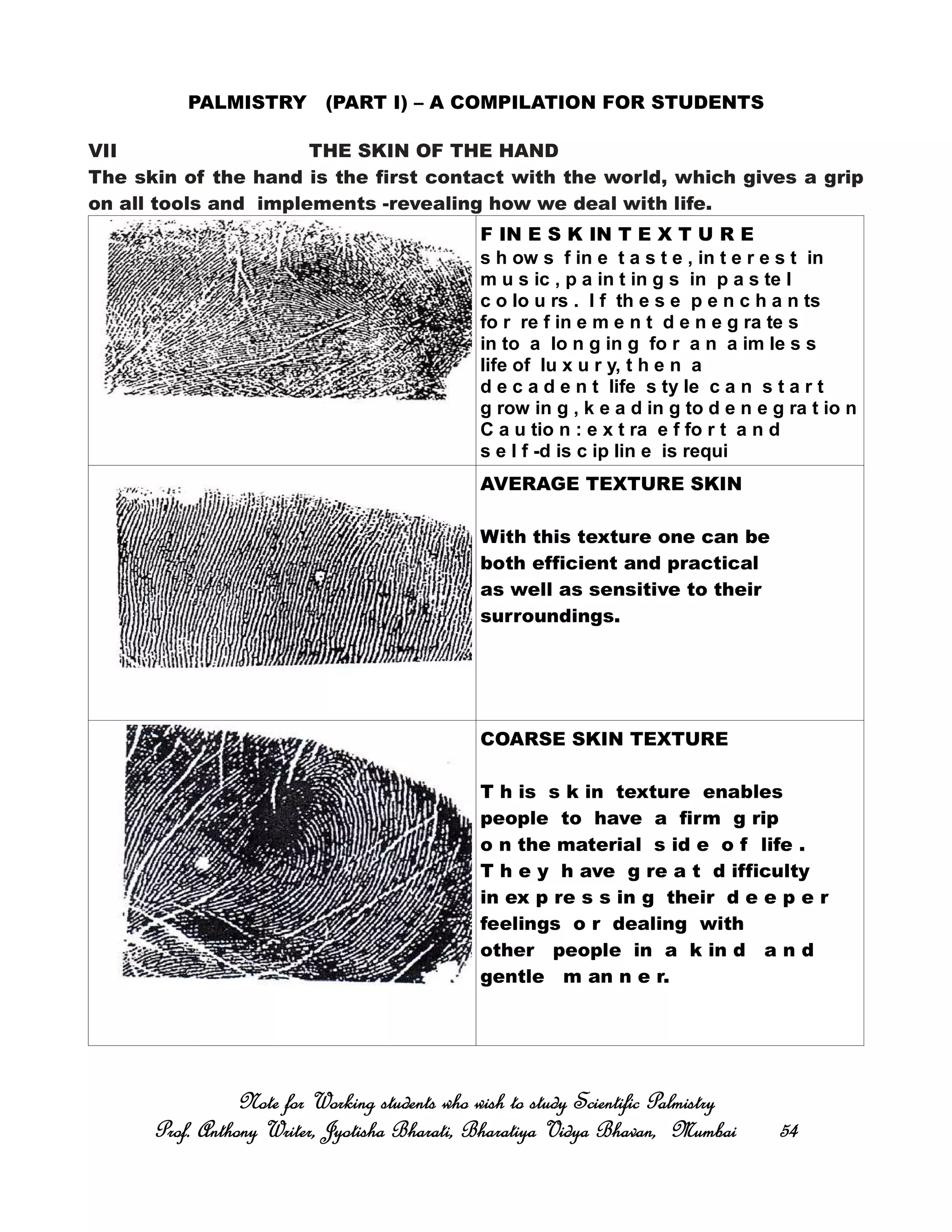 PALMISTRY (PART I) – A COMPILATION FOR STUDENTS
VII THE SKIN OF THE HAND
The skin of the hand is the first contact with the world, which gives a grip
on all tools and implements -revealing how we deal with life.
F IN E S K IN T E X T U R E
s h ow s f in e t a s t e , in t e r e s t in
m u s ic , p a in t in g s in p a s te l
c o lo u rs . I f th e s e p e n c h a n ts
fo r re f in e m e n t d e n e g ra te s
in to a lo n g in g fo r a n a im le s s
life of lu x u r y, t h e n a
d e c a d e n t life s ty le c a n s t a r t
g row in g , k e a d in g to d e n e g ra t io n
C a u tio n : e x t ra e f fo r t a n d
s e l f -d is c ip lin e is requi
AVERAGE TEXTURE SKIN
With this texture one can be
both efficient and practical
as well as sensitive to their
surroundings.
COARSE SKIN TEXTURE
T h is s k in texture enables
people to have a firm g rip
o n the material s id e o f life .
T h e y h ave g re a t d ifficulty
in ex p re s s in g their d e e p e r
feelings o r dealing with
other people in a k in d a n d
gentle m an n e r.
Note for Working students who wish to study Scientific PalmistryNote for Working students who wish to study Scientific PalmistryNote for Working students who wish to study Scientific PalmistryNote for Working students who wish to study Scientific Palmistry
Prof. Anthony Writer, Jyotisha Bharati, Bharatiya Vidya Bhavan, MumbaiProf. Anthony Writer, Jyotisha Bharati, Bharatiya Vidya Bhavan, MumbaiProf. Anthony Writer, Jyotisha Bharati, Bharatiya Vidya Bhavan, MumbaiProf. Anthony Writer, Jyotisha Bharati, Bharatiya Vidya Bhavan, Mumbai 54545454
 