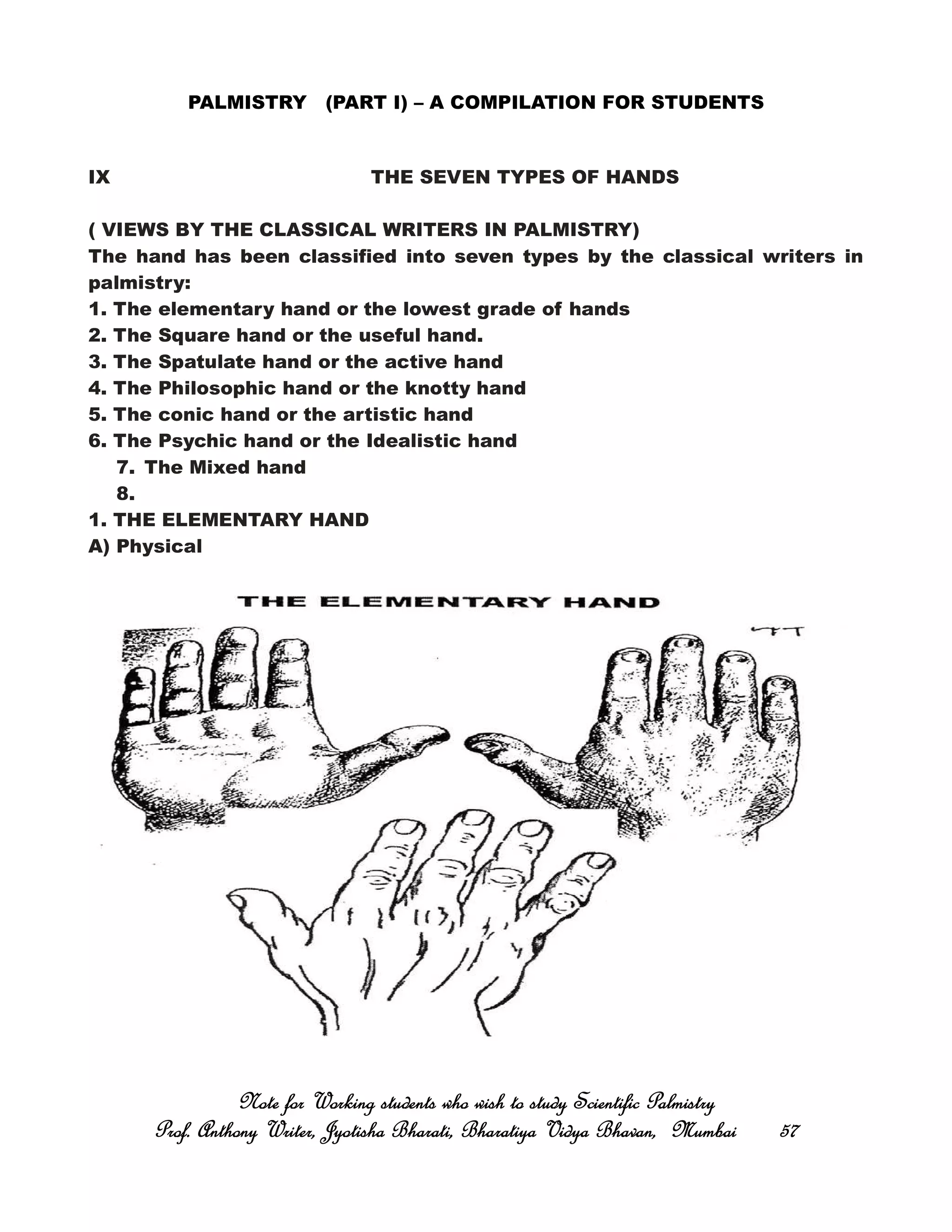 PALMISTRY (PART I) – A COMPILATION FOR STUDENTS
IX THE SEVEN TYPES OF HANDS
( VIEWS BY THE CLASSICAL WRITERS IN PALMISTRY)
The hand has been classified into seven types by the classical writers in
palmistry:
1. The elementary hand or the lowest grade of hands
2. The Square hand or the useful hand.
3. The Spatulate hand or the active hand
4. The Philosophic hand or the knotty hand
5. The conic hand or the artistic hand
6. The Psychic hand or the Idealistic hand
7. The Mixed hand
8.
1. THE ELEMENTARY HAND
A) Physical
Note for Working students who wish to study Scientific PalmistryNote for Working students who wish to study Scientific PalmistryNote for Working students who wish to study Scientific PalmistryNote for Working students who wish to study Scientific Palmistry
Prof. Anthony Writer, Jyotisha Bharati, Bharatiya Vidya Bhavan, MumbaiProf. Anthony Writer, Jyotisha Bharati, Bharatiya Vidya Bhavan, MumbaiProf. Anthony Writer, Jyotisha Bharati, Bharatiya Vidya Bhavan, MumbaiProf. Anthony Writer, Jyotisha Bharati, Bharatiya Vidya Bhavan, Mumbai 57575757
 