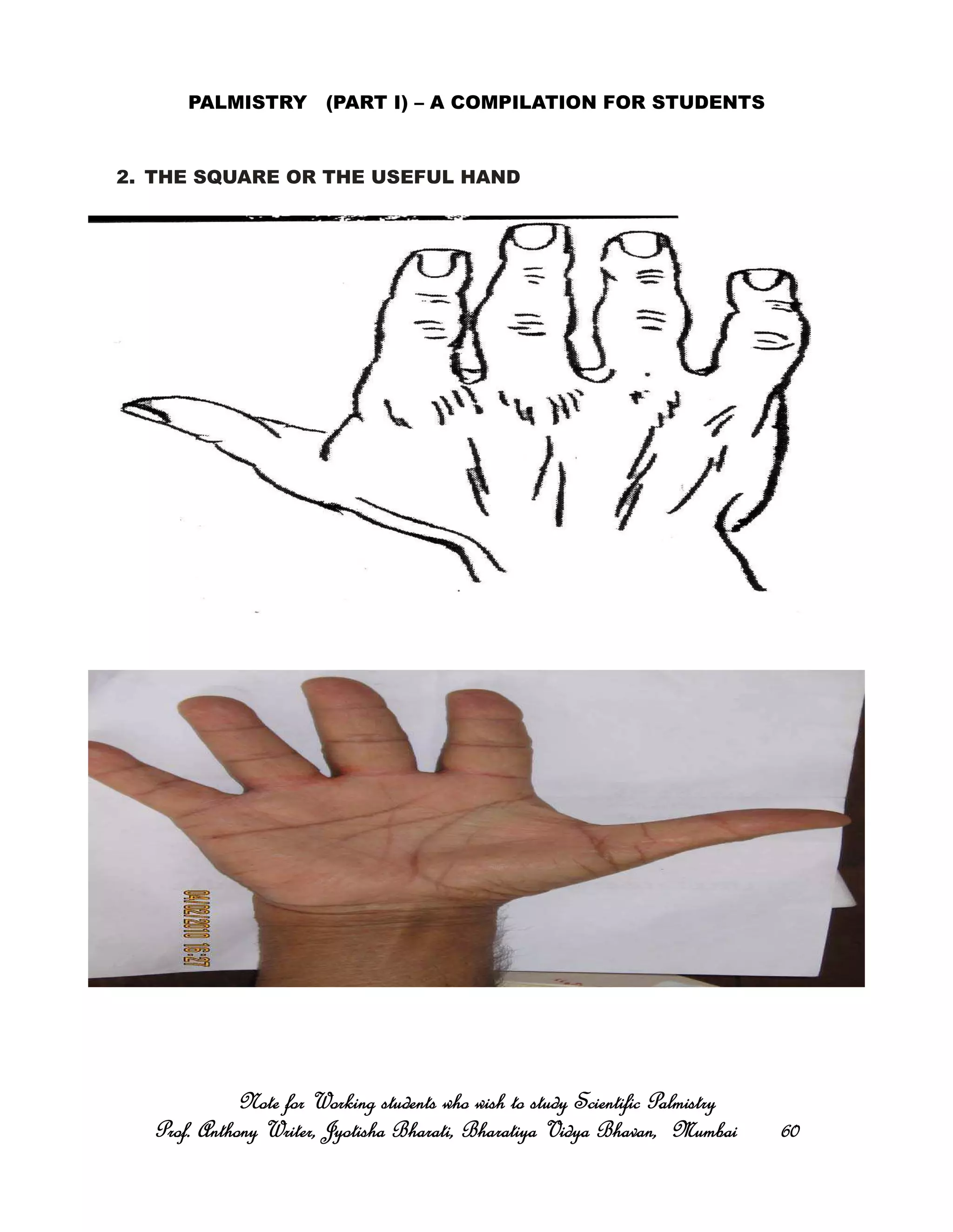 PALMISTRY (PART I) – A COMPILATION FOR STUDENTS
2. THE SQUARE OR THE USEFUL HAND
Note for Working students who wish to study Scientific PalmistryNote for Working students who wish to study Scientific PalmistryNote for Working students who wish to study Scientific PalmistryNote for Working students who wish to study Scientific Palmistry
Prof. Anthony Writer, Jyotisha Bharati, Bharatiya Vidya Bhavan, MumbaiProf. Anthony Writer, Jyotisha Bharati, Bharatiya Vidya Bhavan, MumbaiProf. Anthony Writer, Jyotisha Bharati, Bharatiya Vidya Bhavan, MumbaiProf. Anthony Writer, Jyotisha Bharati, Bharatiya Vidya Bhavan, Mumbai 60606060
 