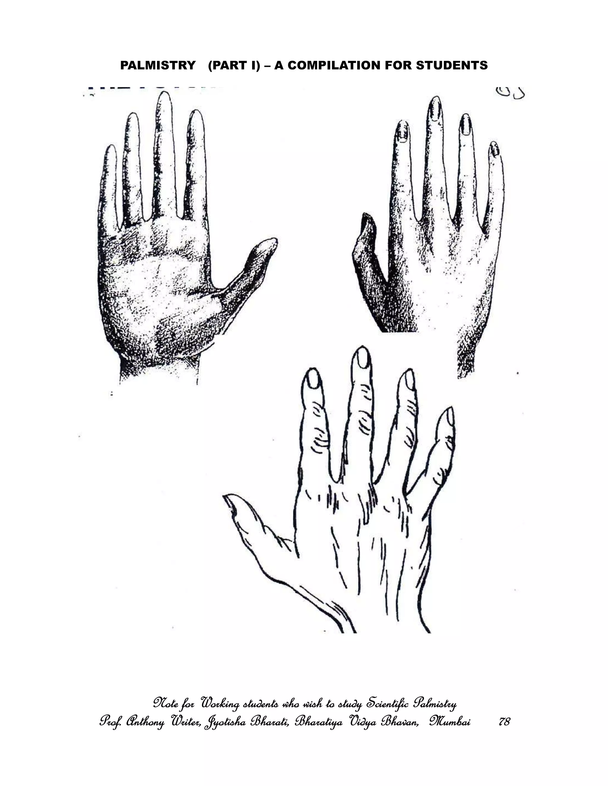 PALMISTRY (PART I) – A COMPILATION FOR STUDENTS
Note for Working students who wish to study Scientific PalmistryNote for Working students who wish to study Scientific PalmistryNote for Working students who wish to study Scientific PalmistryNote for Working students who wish to study Scientific Palmistry
Prof. Anthony Writer, Jyotisha Bharati, Bharatiya Vidya Bhavan, MumbaiProf. Anthony Writer, Jyotisha Bharati, Bharatiya Vidya Bhavan, MumbaiProf. Anthony Writer, Jyotisha Bharati, Bharatiya Vidya Bhavan, MumbaiProf. Anthony Writer, Jyotisha Bharati, Bharatiya Vidya Bhavan, Mumbai 78787878
 