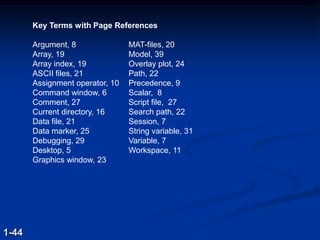 Key Terms with Page References
Argument, 8 MAT-files, 20
Array, 19 Model, 39
Array index, 19 Overlay plot, 24
ASCII files, 21 Path, 22
Assignment operator, 10 Precedence, 9
Command window, 6 Scalar, 8
Comment, 27 Script file, 27
Current directory, 16 Search path, 22
Data file, 21 Session, 7
Data marker, 25 String variable, 31
Debugging, 29 Variable, 7
Desktop, 5 Workspace, 11
Graphics window, 23
1-44
 