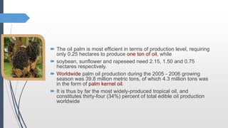  The oil palm is most efficient in terms of production level, requiring
only 0.25 hectares to produce one ton of oil, while
 soybean, sunflower and rapeseed need 2.15, 1.50 and 0.75
hectares respectively.
 Worldwide palm oil production during the 2005 - 2006 growing
season was 39.8 million metric tons, of which 4.3 million tons was
in the form of palm kernel oil.
 It is thus by far the most widely-produced tropical oil, and
constitutes thirty-four (34%) percent of total edible oil production
worldwide
 
