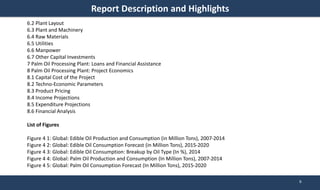 Report Description and Highlights
6.2 Plant Layout
6.3 Plant and Machinery
6.4 Raw Materials
6.5 Utilities
6.6 Manpower
6.7 Other Capital Investments
7 Palm Oil Processing Plant: Loans and Financial Assistance
8 Palm Oil Processing Plant: Project Economics
8.1 Capital Cost of the Project
8.2 Techno-Economic Parameters
8.3 Product Pricing
8.4 Income Projections
8.5 Expenditure Projections
8.6 Financial Analysis
List of Figures
Figure 4 1: Global: Edible Oil Production and Consumption (in Million Tons), 2007-2014
Figure 4 2: Global: Edible Oil Consumption Forecast (in Million Tons), 2015-2020
Figure 4 3: Global: Edible Oil Consumption: Breakup by Oil Type (In %), 2014
Figure 4 4: Global: Palm Oil Production and Consumption (In Million Tons), 2007-2014
Figure 4 5: Global: Palm Oil Consumption Forecast (In Million Tons), 2015-2020
6
 