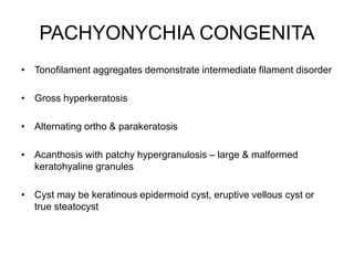 PACHYONYCHIA CONGENITA
• Tonofilament aggregates demonstrate intermediate filament disorder
• Gross hyperkeratosis
• Alternating ortho & parakeratosis
• Acanthosis with patchy hypergranulosis – large & malformed
keratohyaline granules
• Cyst may be keratinous epidermoid cyst, eruptive vellous cyst or
true steatocyst
 
