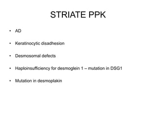 STRIATE PPK
• AD
• Keratinocytic disadhesion
• Desmosomal defects
• Haploinsufficiency for desmoglein 1 – mutation in DSG1
• Mutation in desmoplakin
 