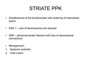 STRIATE PPK
• Disadherence of the keratinocytes with widening of intercellular
space
• DSG 1 – size of desmosomes are reduced
• DSP – abnormal keratin filament with loss of desmosomal
connections
• Management :
1. Systemic acetretin
2. Urea cream
 