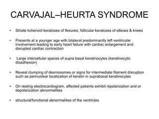 CARVAJAL–HEURTA SYNDROME
• Striate lichenoid keratoses of flexures, follicular keratoses of elbows & knees
• Presents at a younger age with bilateral predominantly left ventricular
involvement leading to early heart failure with cardiac enlargement and
disrupted cardiac contraction
• Large intercellular spaces of supra basal keratinocytes (keratinocytic
disadhesion)
• Reveal clumping of desmosomes or signs for intermediate filament disruption
such as perinuclear localization of keratin in suprabasal keratinocytes
• On resting electrocardiogram, affected patients exhibit repolarization and or
depolarization abnormalities
• structural/functional abnormalities of the ventricles
 