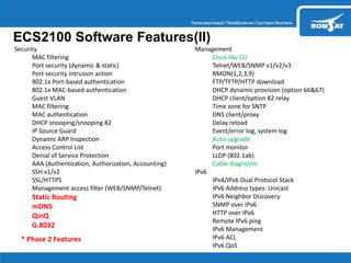  Security
 MAC filtering
 Port security (dynamic & static)
 Port security intrusion action
 802.1x Port-based authentication
 802.1x MAC-based authentication
 Guest VLAN
 MAC filtering
 MAC authentication
 DHCP snooping/snooping 82
 IP Source Guard
 Dynamic ARP Inspection
 Access Control List
 Denial of Service Protection
 AAA (Authentication, Authorization, Accounting)
 SSH v1/v2
 SSL/HTTPS
 Management access filter (WEB/SNMP/Telnet)
 Static Routing
 mDNS
 QinQ
 G.8032
* Phase 2 Features
 Management
 Cisco like CLI
 Telnet/WEB/SNMP v1/v2/v3
 RMON(1,2,3,9)
 FTP/TFTP/HTTP download
 DHCP dynamic provision (option 66&67)
 DHCP client/option 82 relay
 Time zone for SNTP
 DNS client/proxy
 Delay reload
 Event/error log, system log
 Auto upgrade
 Port monitor
 LLDP (802.1ab)
 Cable diagnostic
 IPv6
 IPv4/IPv6 Dual Protocol Stack
 IPv6 Address types: Unicast
 IPv6 Neighbor Discovery
 SNMP over IPv6
 HTTP over IPv6
 Remote IPv6 ping
 IPv6 Management
 IPv6 ACL
 IPv6 QoS
ECS2100 Software Features(II)
 