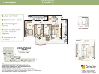 APARTMENTS 3 QUARTOS
Ampla Suíte Master
Banheiro Social + Lavabo
Cozinha integrada à
Varanda
Option line de Cozinha
Gourmet e de Sala
Ampliada
Varanda com Kit
Churrasco
 