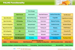 General Management
 Alerts       Multi Company            Multi Warehouse       Calendar Configuration    ABC/Fluctuation Code   Safety Stock


Business Intelligent -Analytic/Visual Reporting    Forecasting   Cost & Stock Dash Board       Barcode/RFID   Stock Taking
 