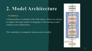 13
• Vocabulary
A SentencePiece vocabulary with 256k tokens, which was chosen
to support the large number of languages in the training corpus
without excess tokenization.
The vocabulary is completely lossless and reversible.
 