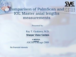 Presented by: Ray T. Oyakawa, M.D. Sharper Vision Centers A MEDICAL GROUP Comparison of PalmScan and IOL Master axial lengths measurements No financial interests ASCRS Chicago 2008 