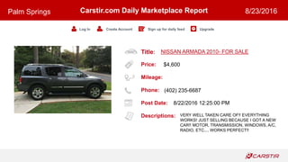 Title:
Price:
Mileage:
Phone:
Post Date:
Descriptions:
Carstir.com Daily Marketplace Report
Log In Create Account Sign up for daily feed Upgrade
Palm Springs 8/23/2016
NISSAN ARMADA 2010- FOR SALE
$4,600
(402) 235-6687
8/22/2016 12:25:00 PM
VERY WELL TAKEN CARE OF!! EVERYTHING
WORKS! JUST SELLING BECAUSE I GOT A NEW
CAR!! MOTOR, TRANSMISSION, WINDOWS, A/C,
RADIO, ETC.... WORKS PERFECT!!
 