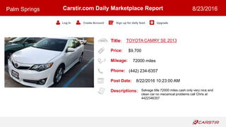 Title:
Price:
Mileage:
Phone:
Post Date:
Descriptions:
Carstir.com Daily Marketplace Report
Log In Create Account Sign up for daily feed Upgrade
Palm Springs 8/23/2016
TOYOTA CAMRY SE 2013
$9,700
72000 miles
(442) 234-6357
8/22/2016 10:23:00 AM
Salvage title 72000 miles cash only very nice and
clean car no mecanical problems call Chris at
4422346357
 