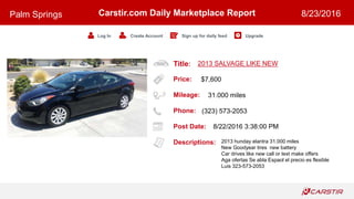 Title:
Price:
Mileage:
Phone:
Post Date:
Descriptions:
Carstir.com Daily Marketplace Report
Log In Create Account Sign up for daily feed Upgrade
Palm Springs 8/23/2016
2013 SALVAGE LIKE NEW
$7,600
31.000 miles
(323) 573-2053
8/22/2016 3:38:00 PM
2013 hunday elantra 31.000 miles
New Goodyear tires new battery
Car drives like new call or text make offers
Aga ofertas Se abla Espaol el precio es flexible
Luis 323-573-2053
 