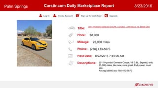 Title:
Price:
Mileage:
Phone:
Post Date:
Descriptions:
Carstir.com Daily Marketplace Report
Log In Create Account Sign up for daily feed Upgrade
Palm Springs 8/23/2016
2011 HYUNDAI GENESIS COUPE, LOADED, LOW MILES, V6, $8900 OBO
$8,900
25,000 miles
(760) 413-5670
8/22/2016 7:49:00 AM
2011 Hyundai Genesis Coupe, V6 3.8L, 6speed, only
25,000 miles, like new, runs great. Full power, must
see.
Asking $8900 obo 760-413-5670
 