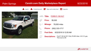 Title:
Price:
Mileage:
Phone:
Post Date:
Descriptions:
Carstir.com Daily Marketplace Report
Log In Create Account Sign up for daily feed Upgrade
Palm Springs 8/23/2016
FORD F-150 XLT
$5,000
78,000 miles
(952) 333-1717
8/22/2016 9:12:00 AM
Ford F-150 xlt 2011 Only 78,000 miles. V-6 3.7L gas.
This truck is OK
 