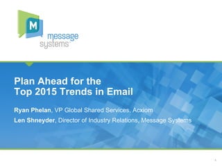 1
Ryan Phelan, VP Global Shared Services, Acxiom
Len Shneyder, Director of Industry Relations, Message Systems
Plan Ahead for the
Top 2015 Trends in Email
 