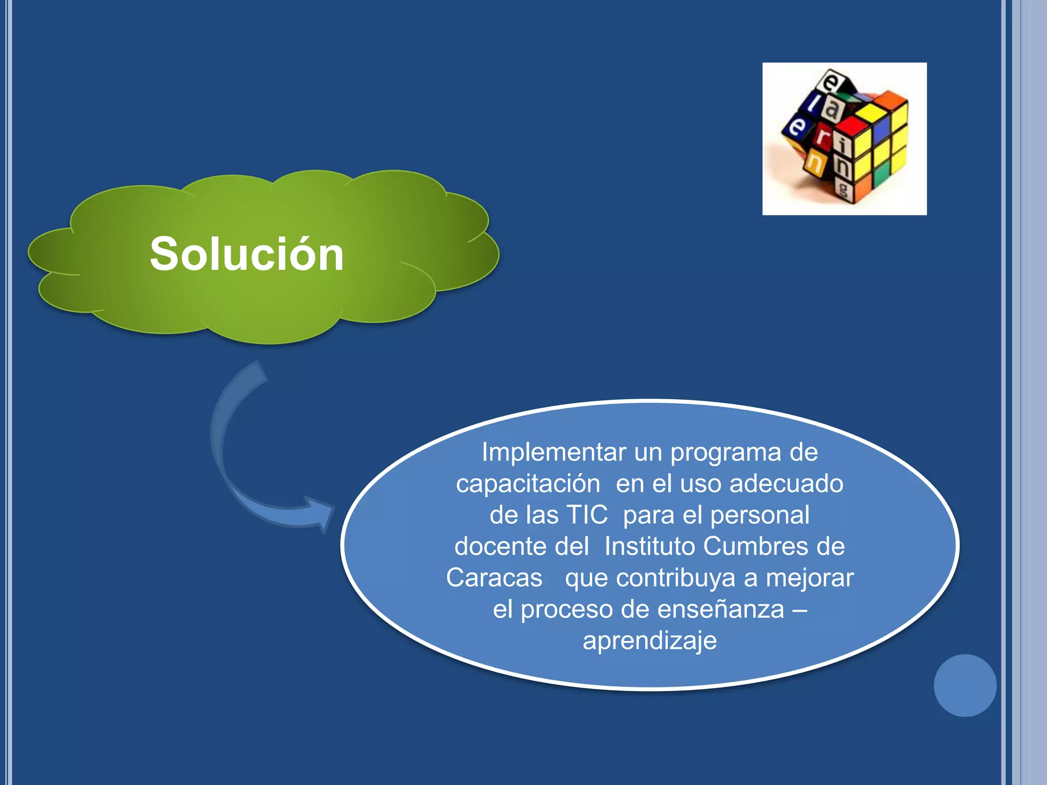 Solución
Implementar un programa de
capacitación en el uso adecuado
de las TIC para el personal
docente del Instituto Cumbres de
Caracas que contribuya a mejorar
el proceso de enseñanza –
aprendizaje
 