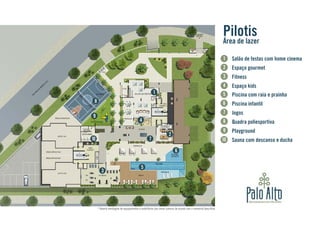 Área de lazer
Pilotis
Salão de festas com home cinema
Espaço gourmet
Fitness
Espaço kids
Piscina com raia e prainha
Piscina infantil
Jogos
Quadra poliesportiva
Playground
Sauna com descanso e ducha
1
2
3
4
5
6
7
8
9
10
* Haverá montagem de equipamentos e mobiliários das áreas comuns de acordo com o memorial descritivo.
1
2
4
7
8
9
6
5
3
10
 