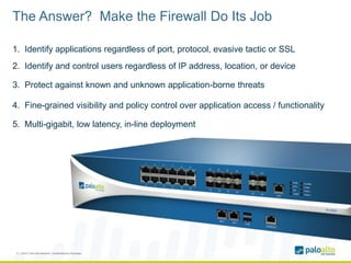 1. Identify applications regardless of port, protocol, evasive tactic or SSL
2. Identify and control users regardless of IP address, location, or device
3. Protect against known and unknown application-borne threats
4. Fine-grained visibility and policy control over application access / functionality
5. Multi-gigabit, low latency, in-line deployment
The Answer? Make the Firewall Do Its Job
9 | ©2012, Palo Alto Networks. Confidential and Proprietary.
 