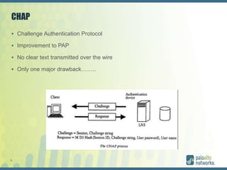 5
CHAP
 Challenge Authentication Protocol
 Improvement to PAP
 No clear text transmitted over the wire
 Only one major drawback……..
 
