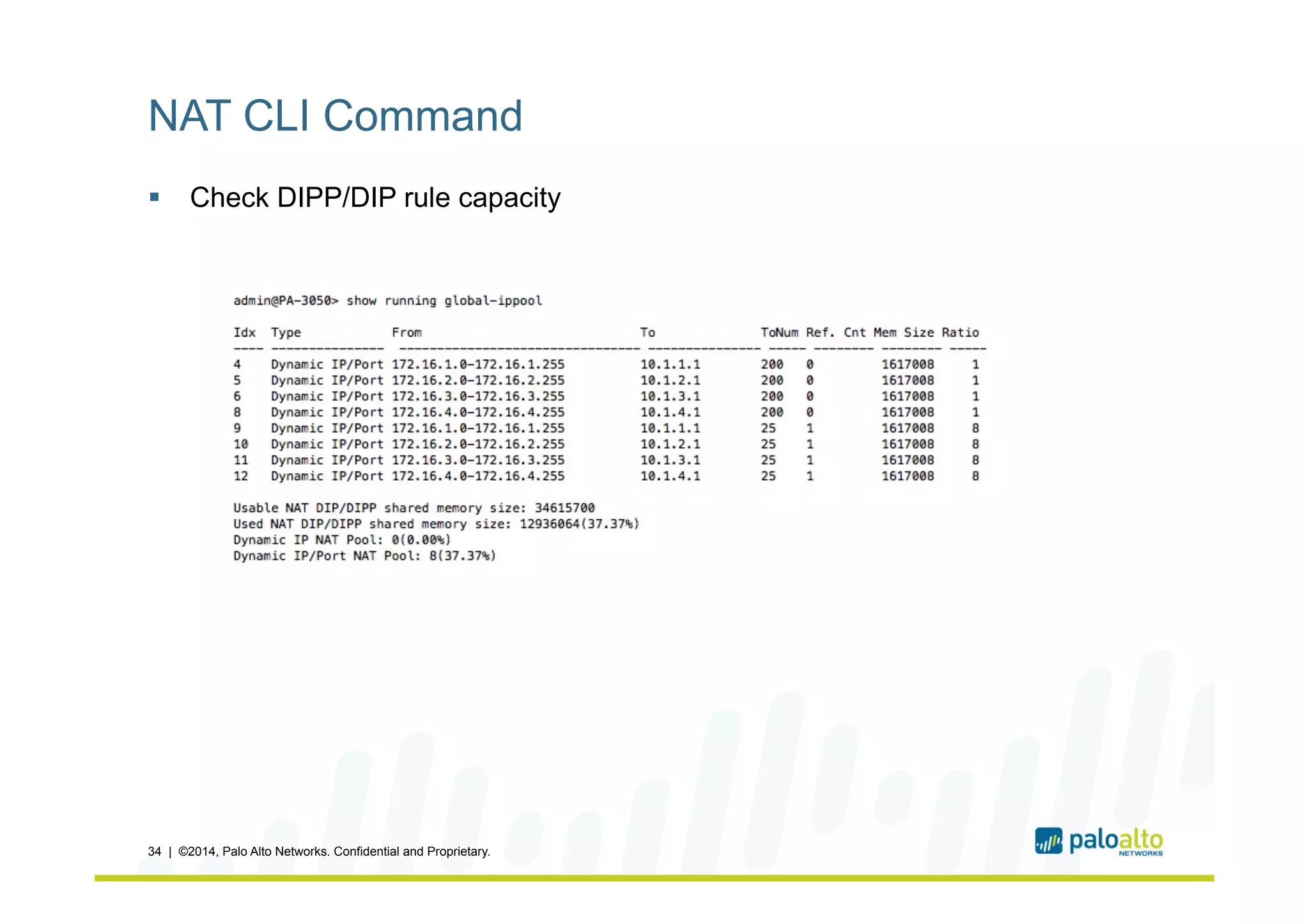 NAT CLI Command
§  Check DIPP/DIP rule capacity
34 | ©2014, Palo Alto Networks. Confidential and Proprietary.
 