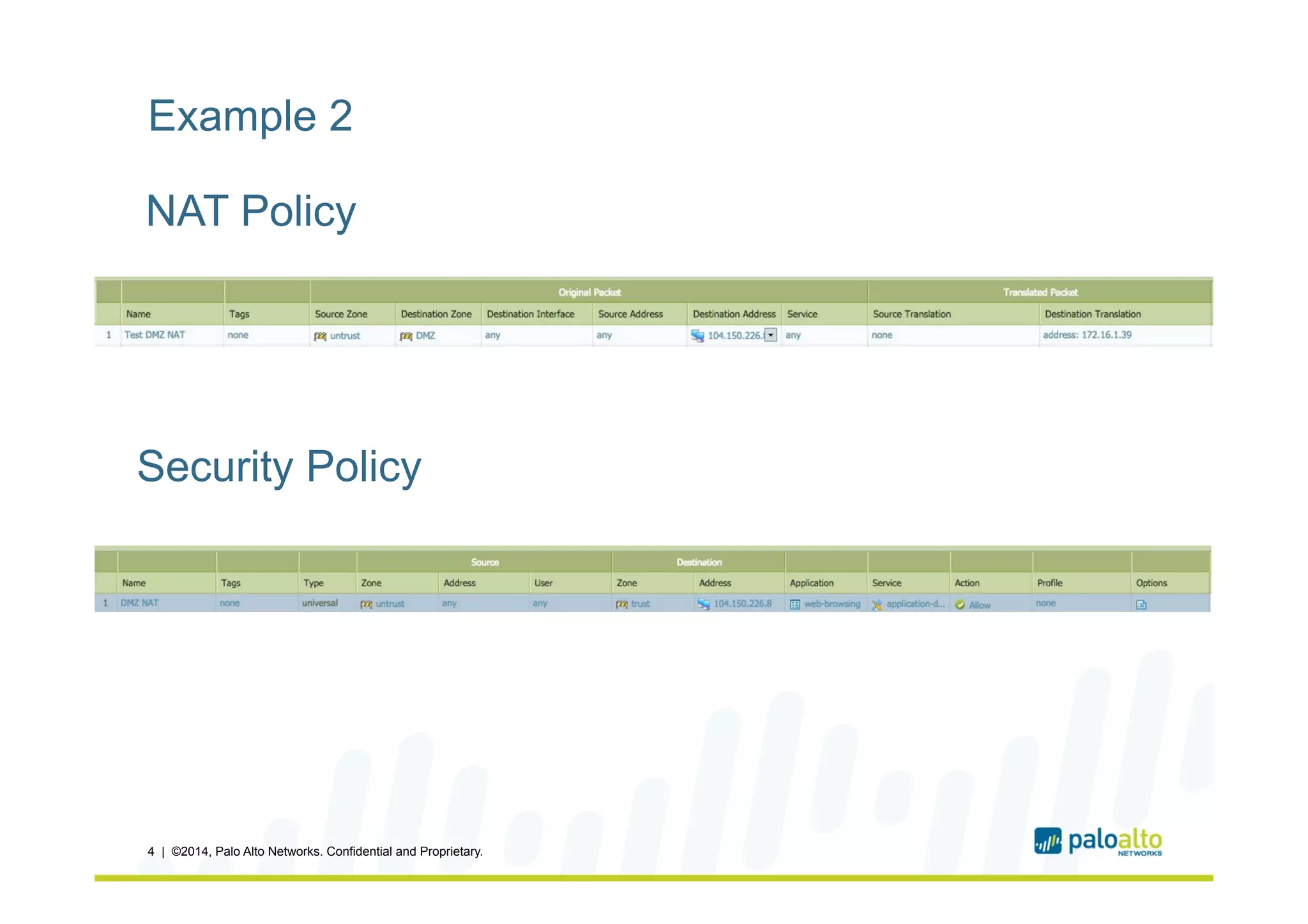 Example 2
4 | ©2014, Palo Alto Networks. Confidential and Proprietary.
Security Policy
NAT Policy
 