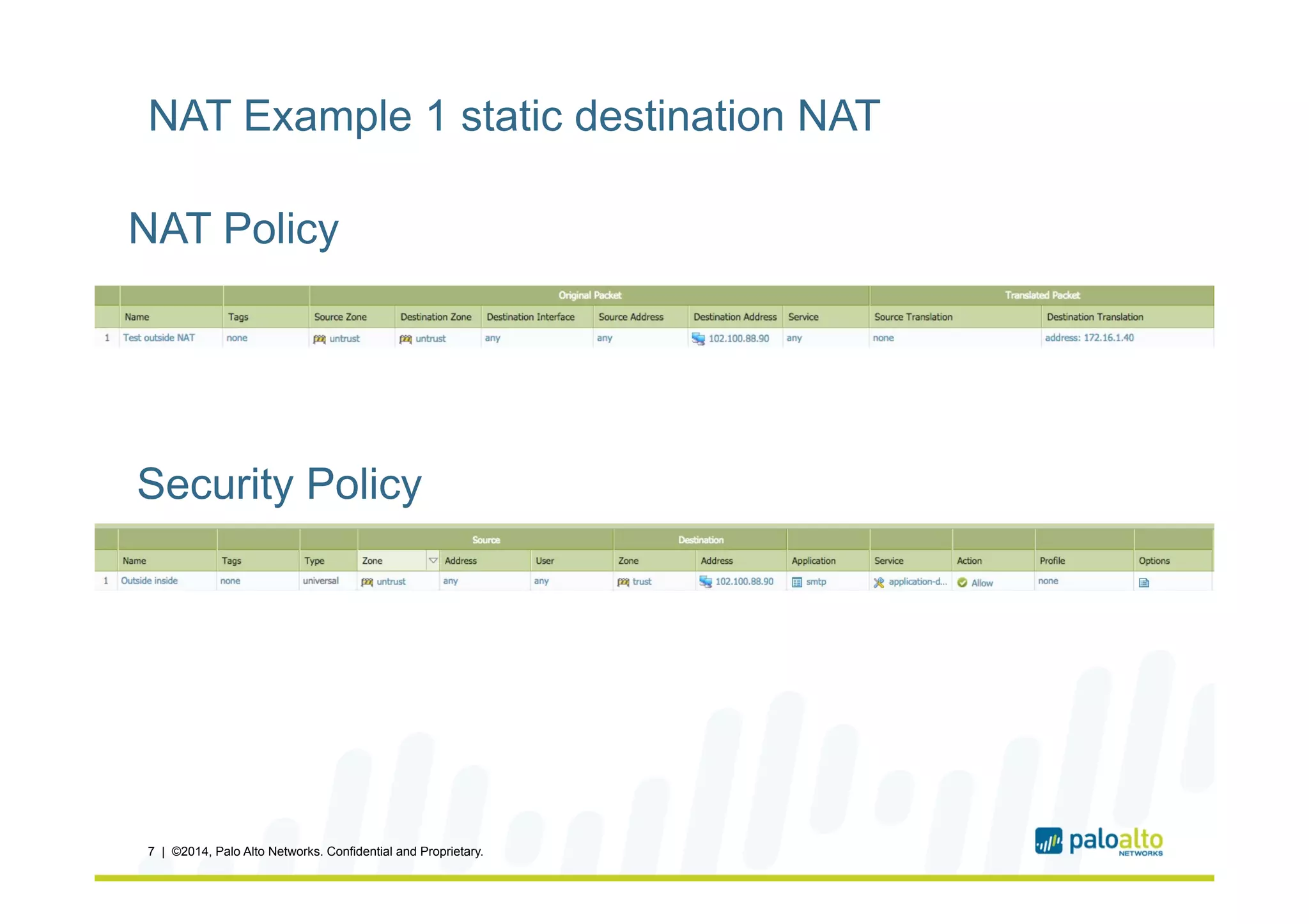 NAT Example 1 static destination NAT
7 | ©2014, Palo Alto Networks. Confidential and Proprietary.
NAT Policy
Security Policy
 