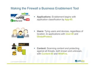 Making the Firewall a Business Enablement Tool
Applications: Enablement begins with
application classification by App-ID.
...